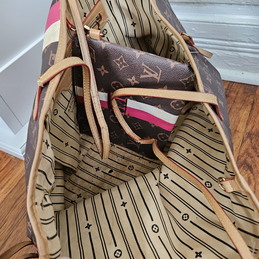 Brown Tote with Pink and White Stripes - Picture 3 of 3